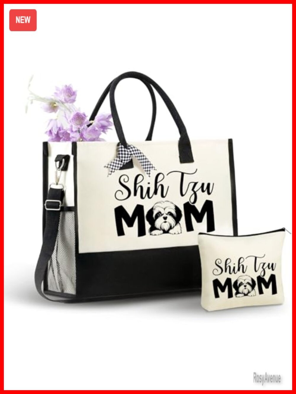 Large Canvas Tote Bag with Makeup Pouch & Shoulder Strap - Shih Tzu Dog Mom Gift